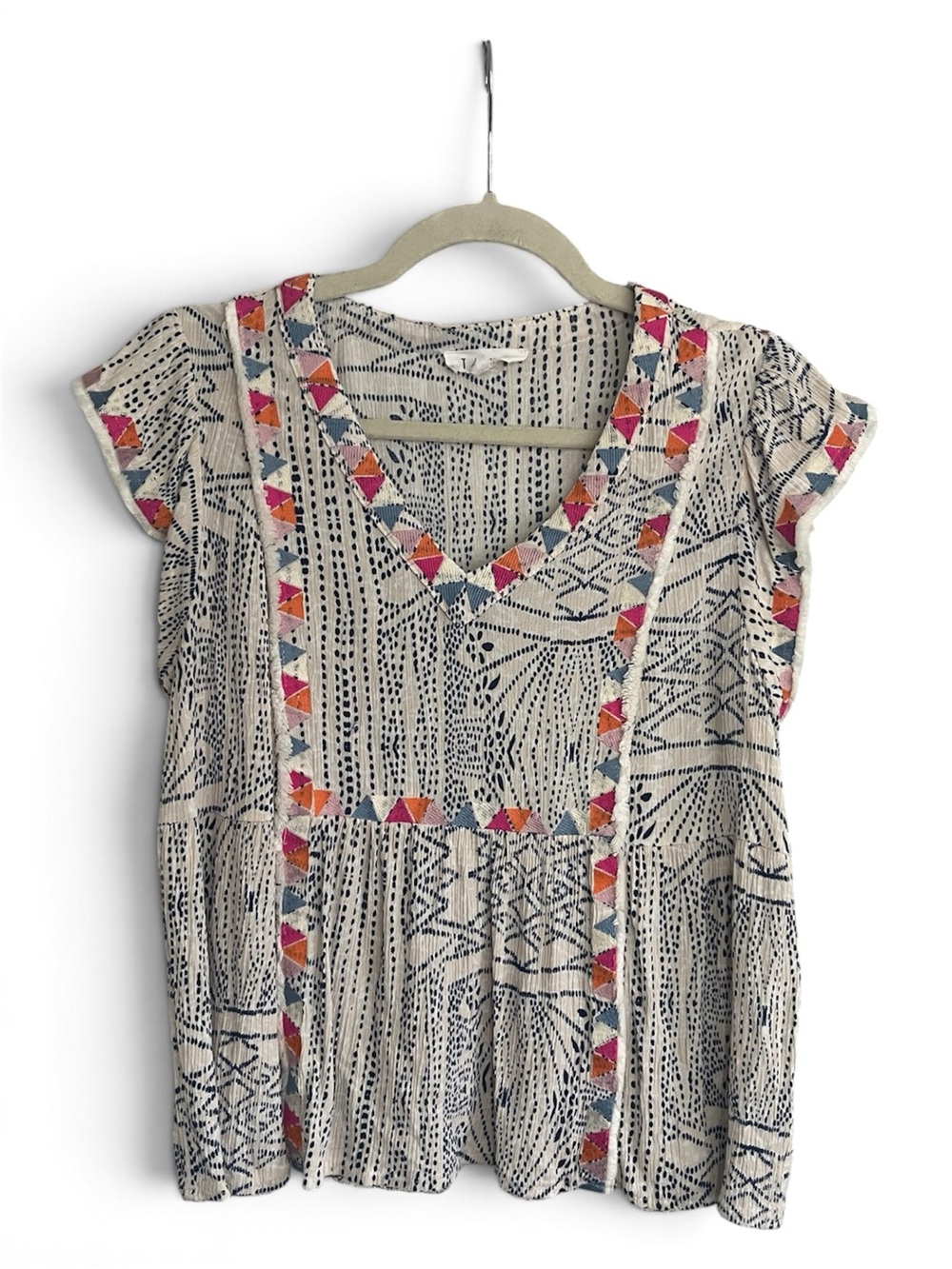 THML Boho Embroidered Flutter Sleeve Blouse Geometric Ikat Print Top M